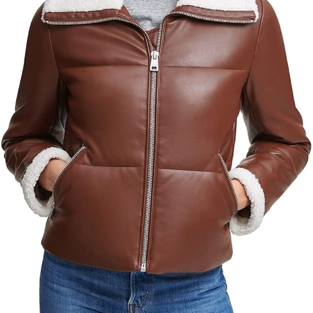 Brown Faux Leather Jacket with Shearling Trim